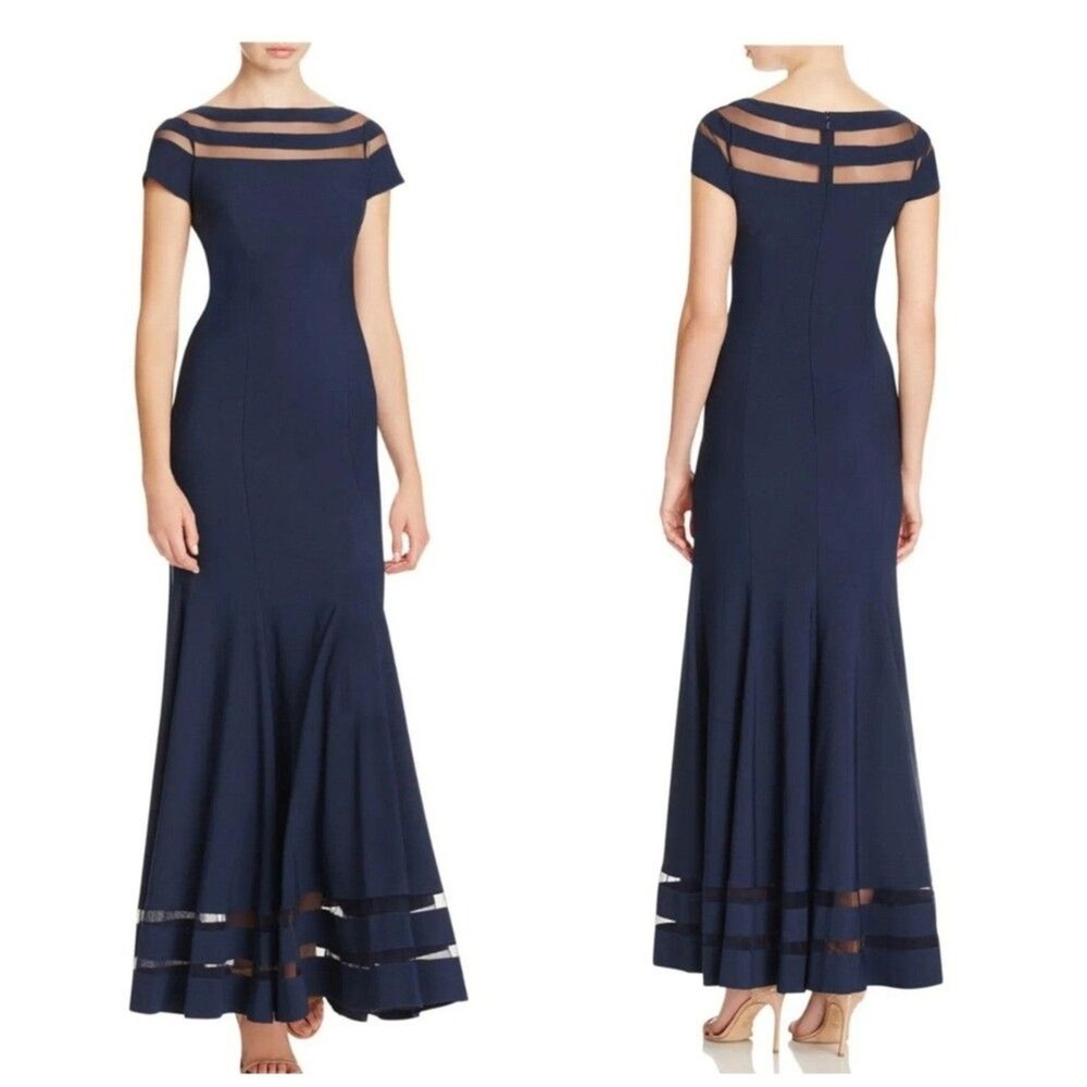 Old Money Navy‎ Mermaid Formal Gown JS Collections Illusion Neck Dress Size 4